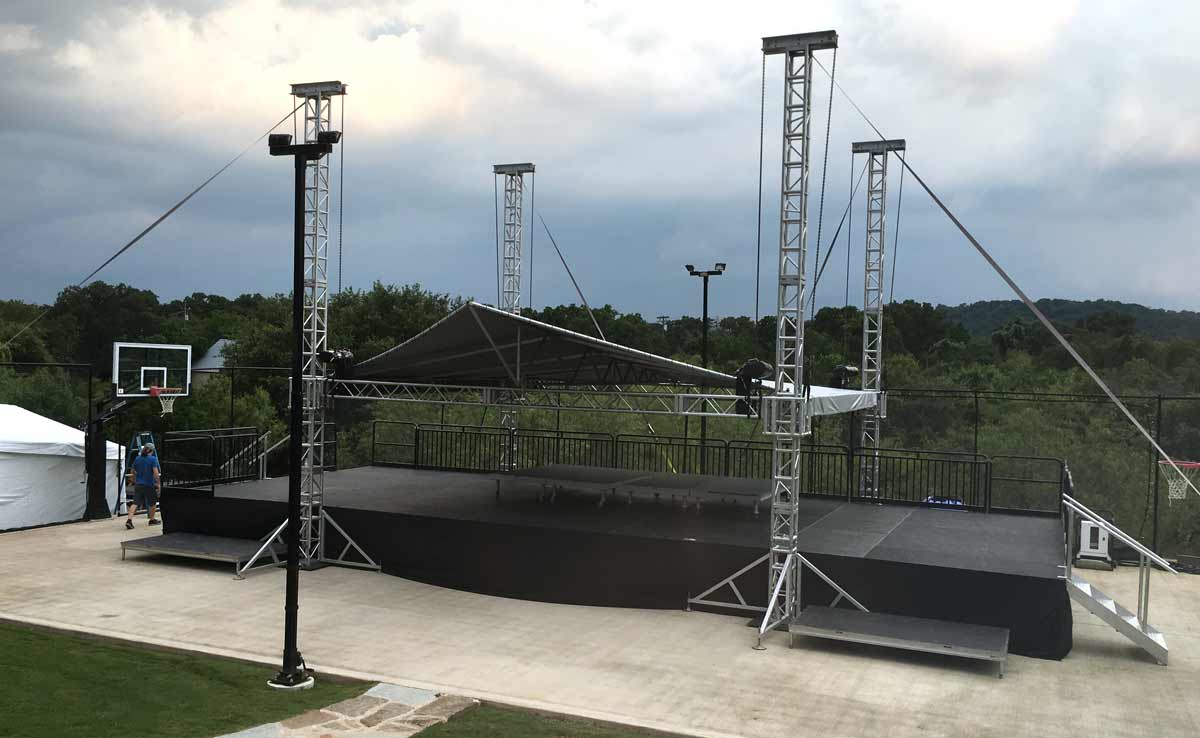 Picture of a stage built in a basketball court.